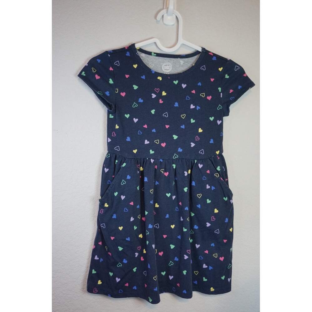Wonder Nation Girls Navy Blue Multi Color Heart Print Pocket Dress S 6-7